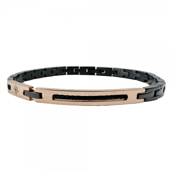 Zancan Bracciale Uomo in Accaio semirigido con maglia larga e targa centrale con Rosa dei Venticollezione Hi-Tech