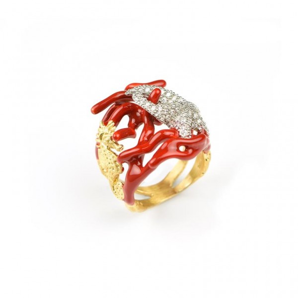 Misis Anello REEF PARTY  Anello in argento placcato oro giallo 18kt  Zirconi bianchi Smalto Corallo rosso 3x3x2,5 cm