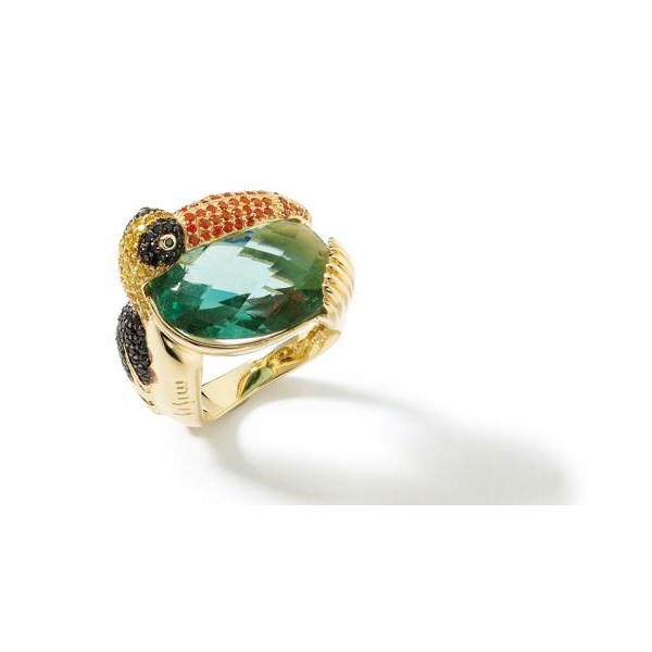 Misis Anello JUNGLE TIARA  Anello in argento placcato oro giallo 18kt Zirconi colorati, pietra centrale ossidiana verde Tucano