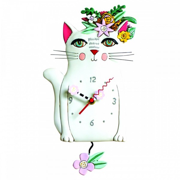 Allen Designs Pretty Kitty Gattp Orologio da parete a pendolo bianco